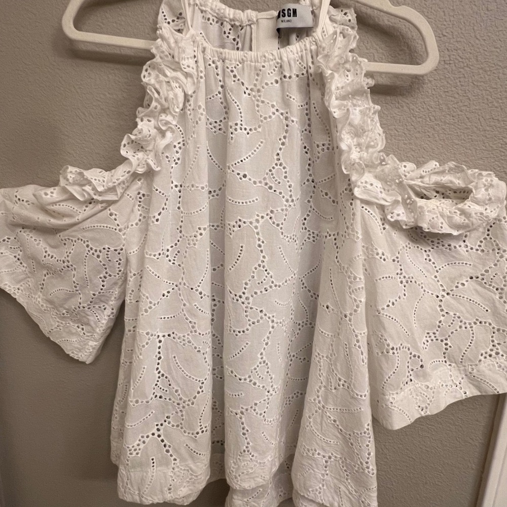 MSGM Milano White Eyelet Lace Cold Shoulder Ruffle Blouse Made in Italy Size 42